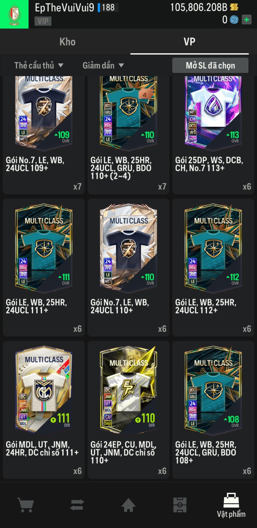 Ảnh ACC mở thẻ (LOẠI SVIP PROMAX) bao gồm có 01 thẻ +12, 03 thẻ PRIME (QH+, CP+, XS+) và hơn 1500+ đến 1600+ thẻ cầu thủ từ Siêu sao đến Miền núi các loại. Acc có sẵn BP trắng từ 90.000 tỷ BP đến 110.000 tỷ BP kèm theo nhiều ngày SVIP